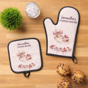 Blush Patisserie Cafe Custom Brand Oven Mitt & Pot Holder Set