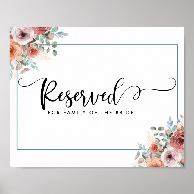 Blush, Peach and Blue Floral Wedding Reserved Sign (Front)