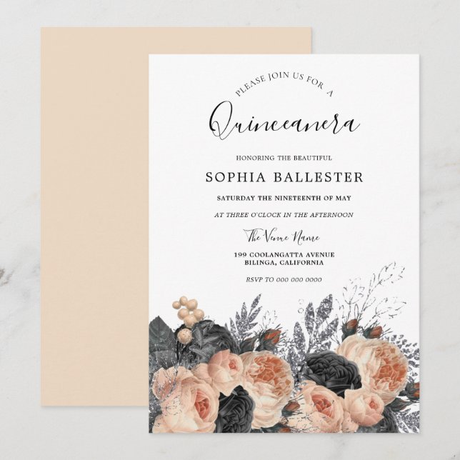 Blush Peach & Black Flowers Elegant Quinceanera Invitation (Front/Back)