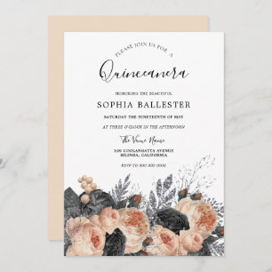 Blush Peach & Black Flowers Elegant Quinceanera Invitation
