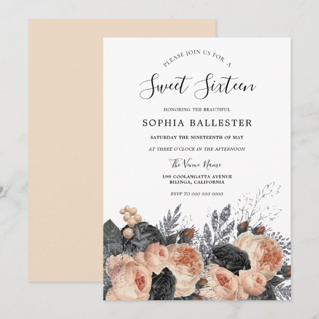 Blush Peach & Black Flowers Elegant Sweet 16 Invitation (Front/Back)
