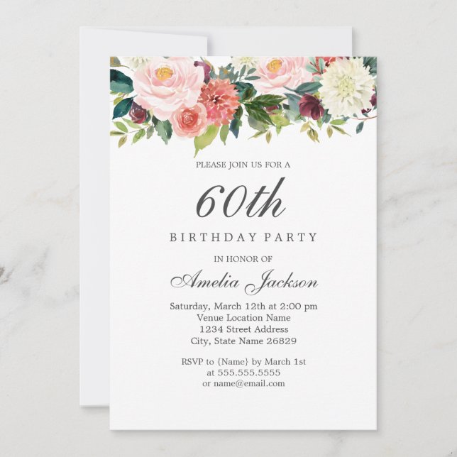 Blush Peach Botanical Floral 60th Birthday Invitation (Front)