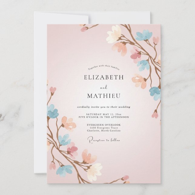 Blush Peach Branch Eucalyptus Wedding Invitation (Front)