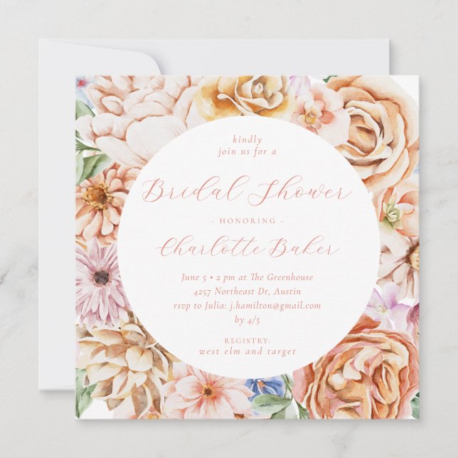 Blush Peach Bright Colourful Floral Bridal Shower Invitation (Front)