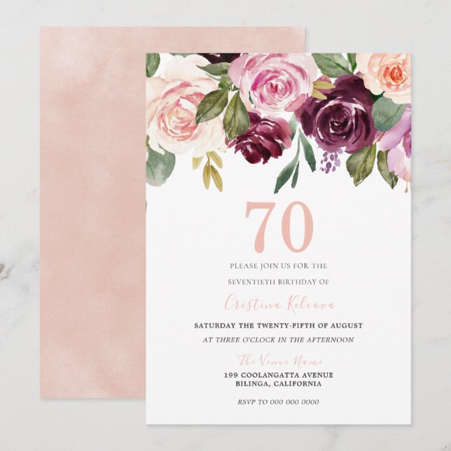 Blush Peach & Burgundy Flowers 70th Birthday Party Invitation (Front/Back)