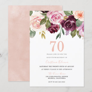 Blush Peach & Burgundy Flowers 70th Birthday Party Invitation