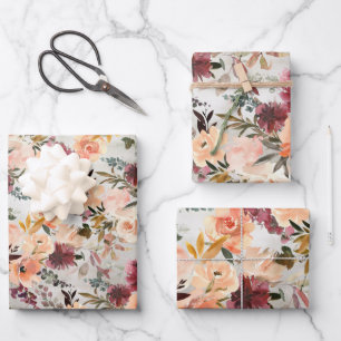 Blush Peach & Burgundy Wine Floral Garden Wrapping Wrapping Paper Sheet