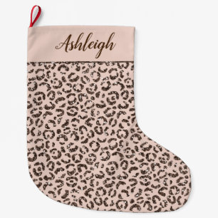 Blush Peach Chocolate Brown Leopard Glitter Large Christmas Stocking