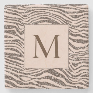 Blush Peach Chocolate Brown Zebra Glitter     Stone Coaster