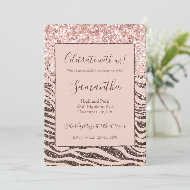 Blush Peach Chocolate Brown Zebra Glitzy Glitter Invitation (Standing Front)