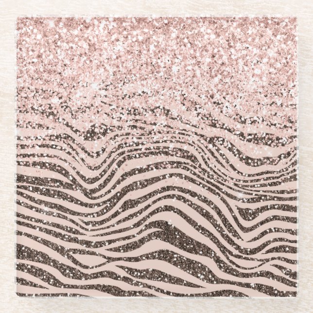 Blush Peach Chocolate Brown Zebra Print Glitter    Glass Coaster (Front)