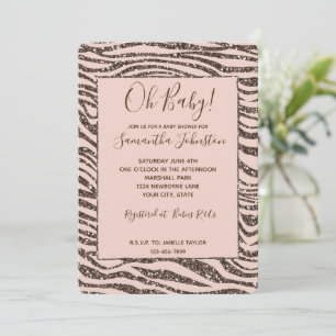 Blush Peach Chocolate Brown Zebra Print Glitter  Invitation