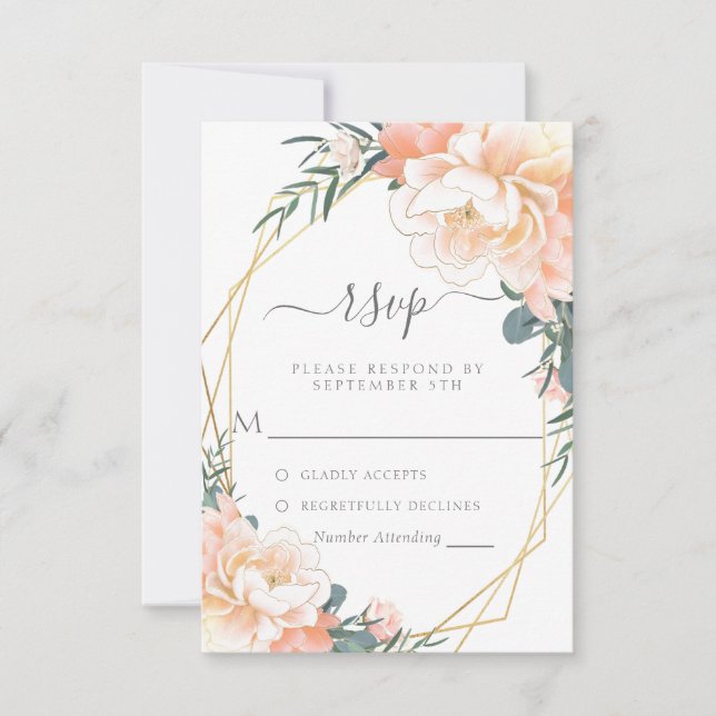 Blush Peach Cream Gold Mint Green Floral Wedding R RSVP Card (Front)