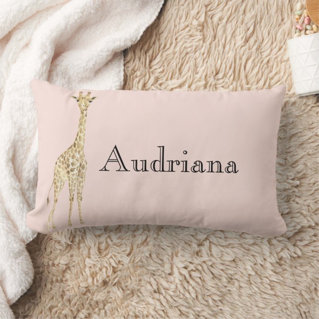 Blush Peach Cute Giraffes Name Lumbar Cushion (Blanket)
