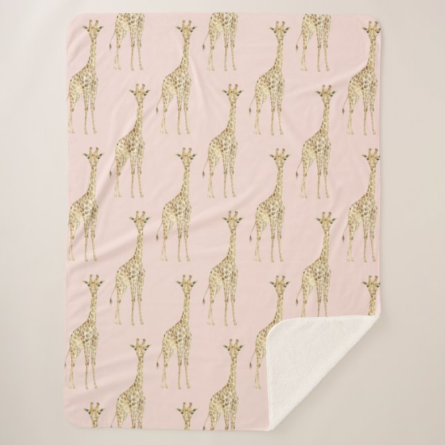 Blush Peach Cute Giraffes Sherpa Blanket (Front)