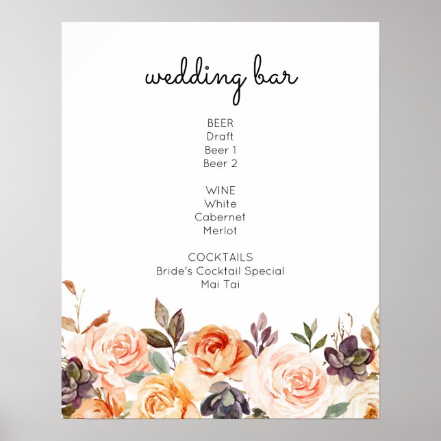 Blush & Peach Floral Bar Drinks Sign (Front)