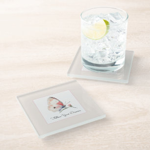 Blush Peach Floral Butterfly Follow Your Dreams Glass Coaster