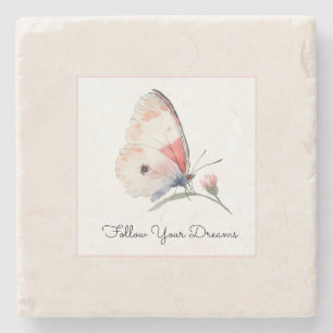 Blush Peach Floral Butterfly Follow Your Dreams Stone Coaster