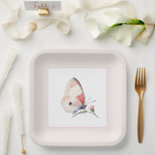 Blush Peach Floral Butterfly Forever Wedding Paper Plate