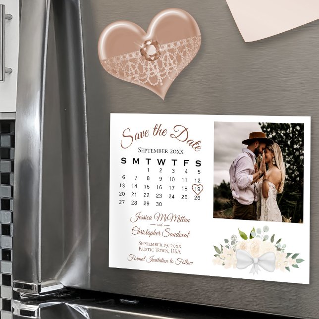 Blush Peach Floral Calendar & Photo Save the Date Magnetic Invitation (Magnetic for Easy Display!)