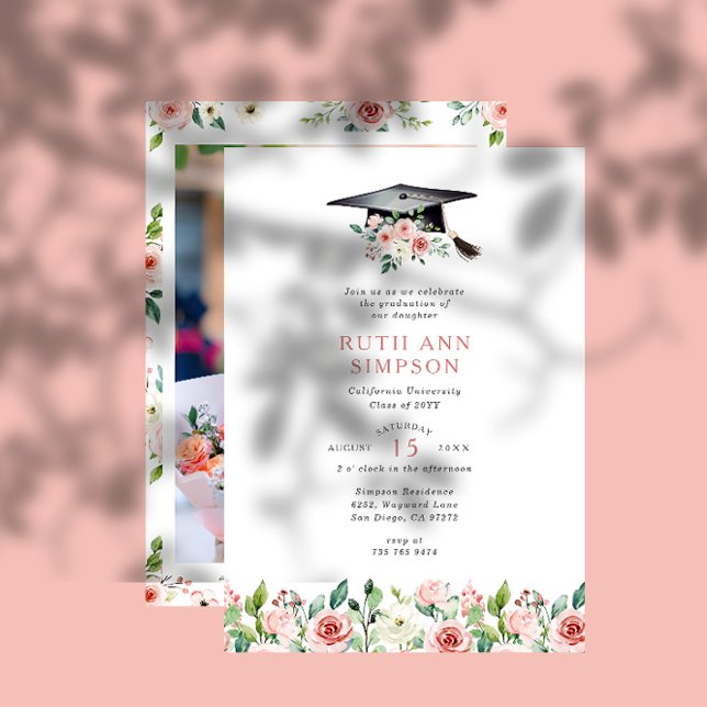 Blush & Peach Floral Cap Photo Graduation Party Invitation (Creator Uploaded)