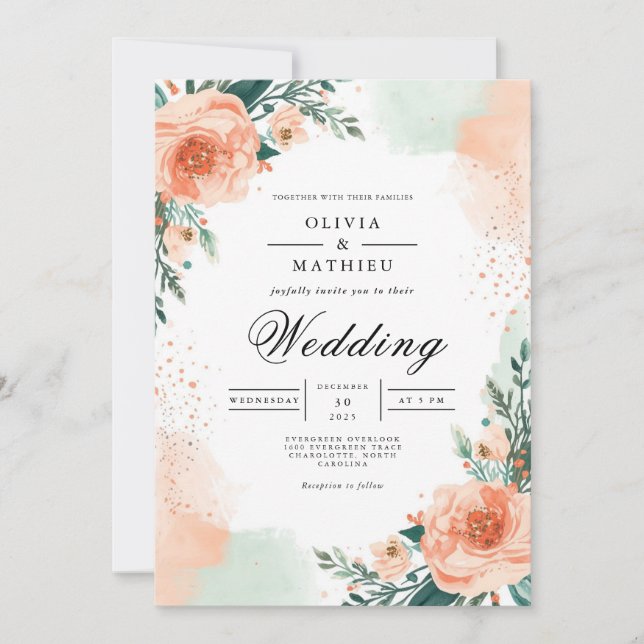 Blush Peach Floral Elegance Wedding Invitation (Front)
