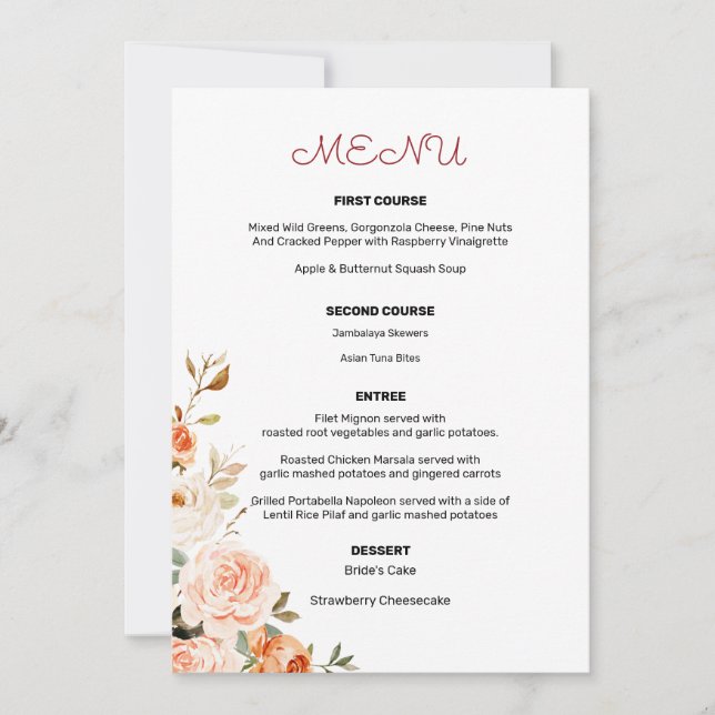 Blush & Peach Floral Entree Menu 2 Invitation (Front)