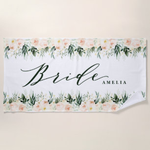 Blush peach floral + foliage personalised wedding beach towel