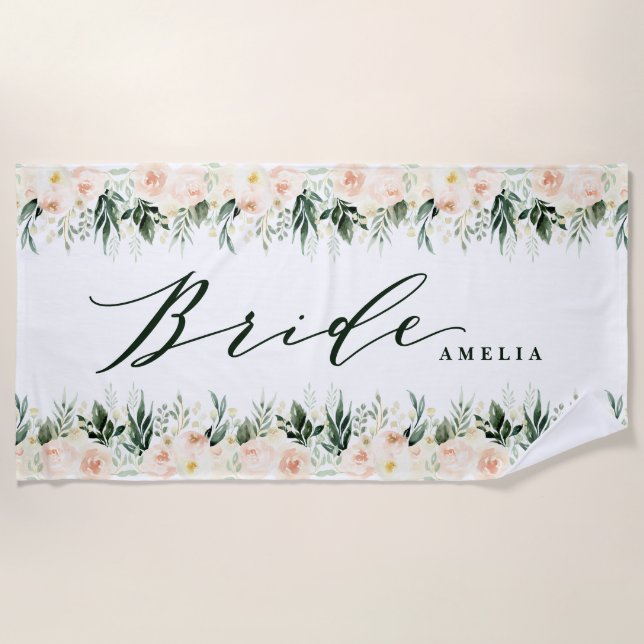 Blush peach floral + foliage personalised wedding beach towel (Front)