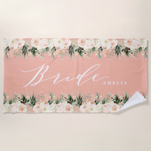 Blush peach floral + foliage personalised wedding beach towel