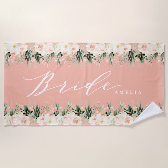 Blush peach floral + foliage personalised wedding beach towel (Front)