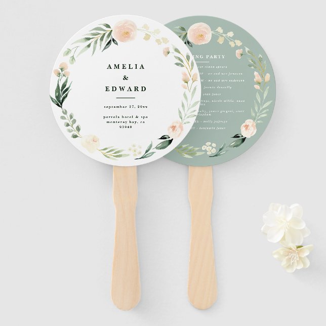 Blush, peach floral + foliage wedding hand fan (Front and Back)