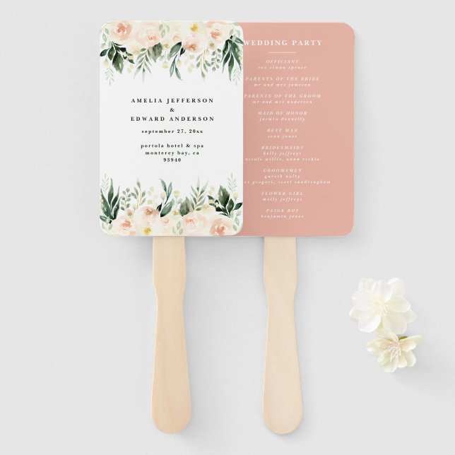 Blush, peach floral + foliage wedding hand fan (Front and Back)