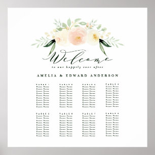 Blush, peach floral + foliage wedding seating plan poster