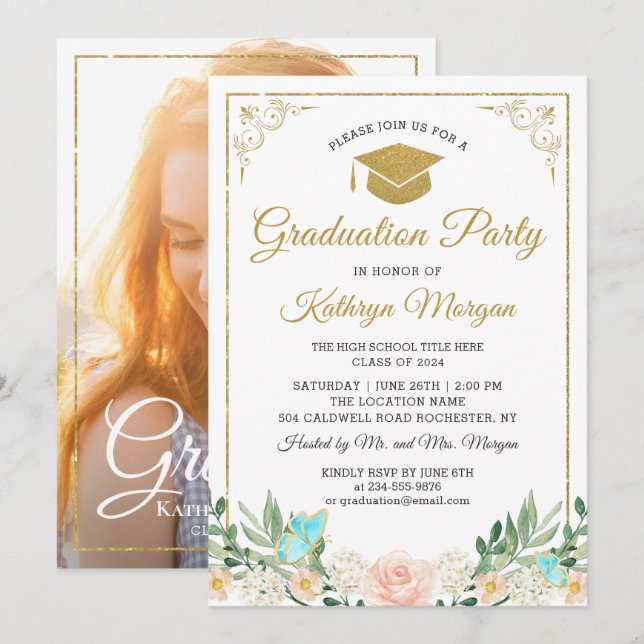 Blush Peach Floral Gold Glitter Photo Graduation Invitation (Front/Back)