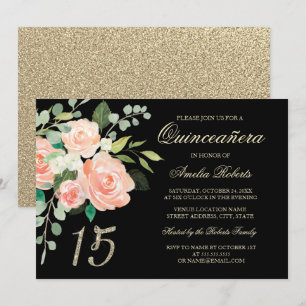 Blush Peach Floral Gold Glitter Quinceanera Invitation