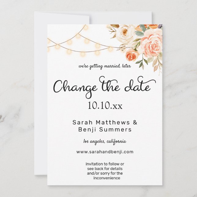 Blush & Peach Floral & Lights Change the Date Invitation (Front)