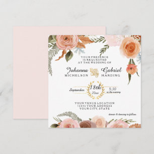 Blush Peach Floral Peony Watercolor Leaf Foliage Invitation
