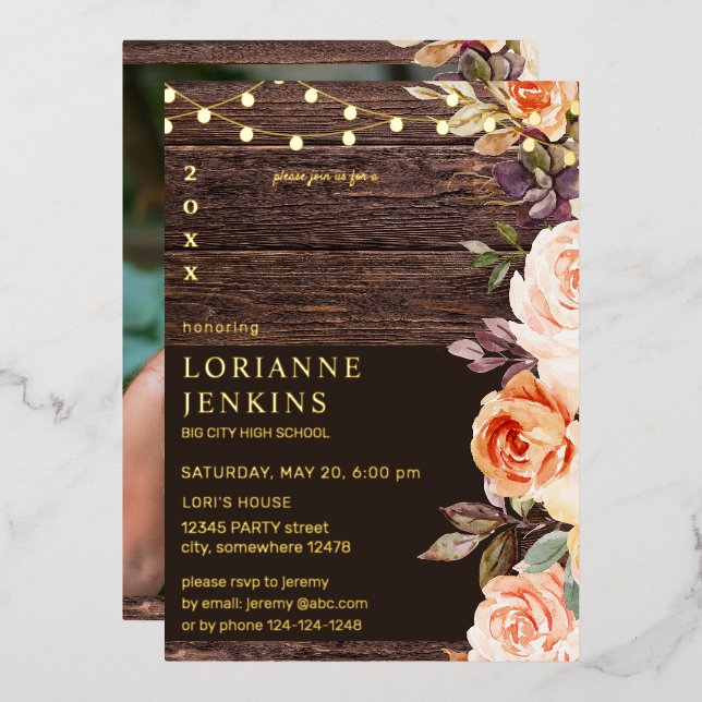 Blush &Peach Floral Rustic Graduation Photo v2 FL  (Front/Back)