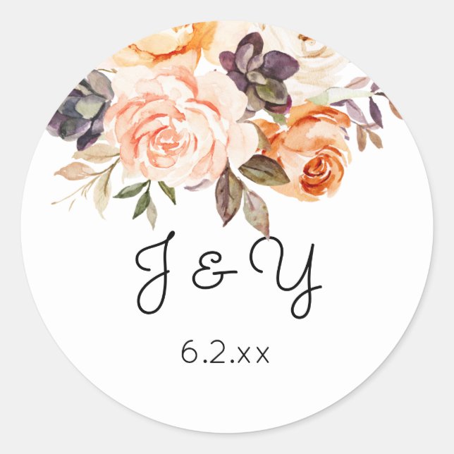 Blush & Peach Floral Rustic Monogram Classic Round Sticker (Front)