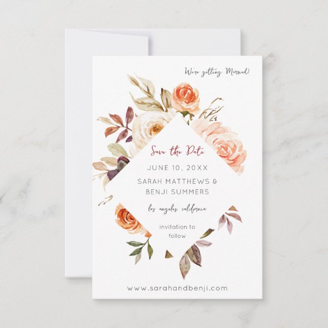 Blush & Peach Floral Rustic & Vertical Photo Save The Date (Front)