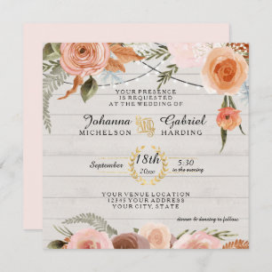 Blush Peach Floral Rustic White Wood Leaf Foliage Invitation
