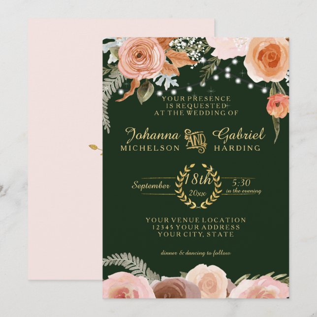 Blush Peach Floral Twinkle Foliage Forest Green Invitation (Front/Back)