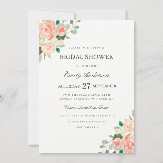 Blush Peach Floral Watercolor Bridal Shower Invitation (Front)