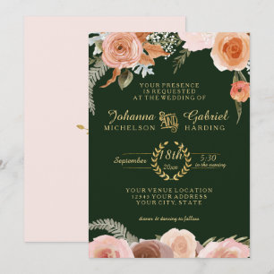 Blush Peach Floral Watercolor Foliage Forest Green Invitation