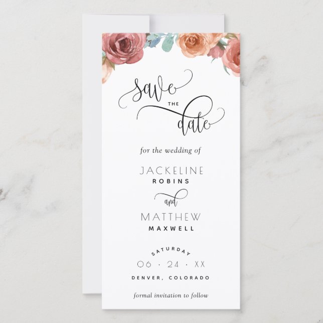 Blush Peach Floral Wedding Save The Date Bookmark (Front)