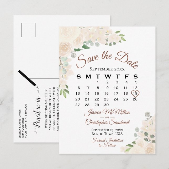 Blush Peach Floral Wedding Save the Date Calendar Announcement Postcard (Front/Back)