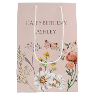 Blush Peach Floral Wildflower Birthday Medium Gift Bag