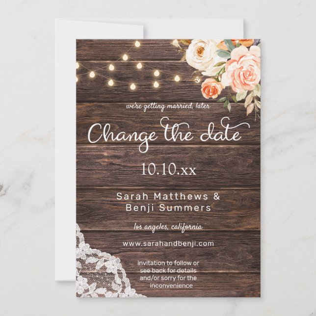 Blush Peach Floral Wood Lace Light Change the Date Invitation (Front)