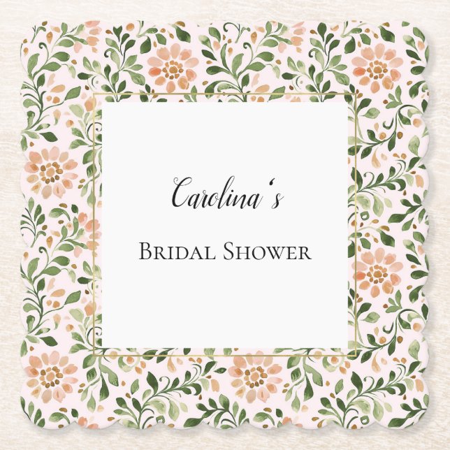Blush Peach Flowers Green Leaves Bridal Shower   Paper Coaster (Front)